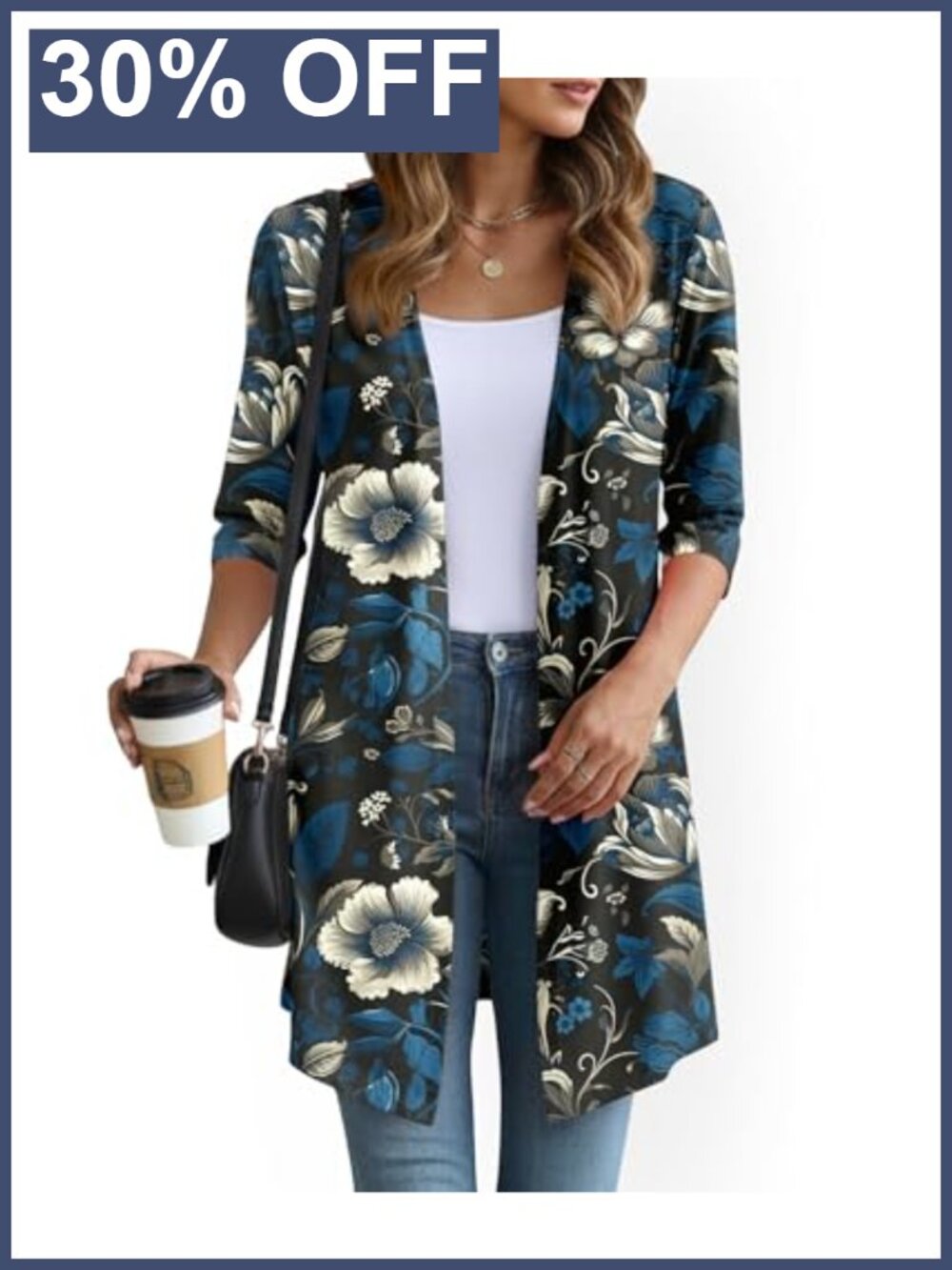 Lightweight Open Front Cardigan 3/4 Sleeve Long Knit Sweater